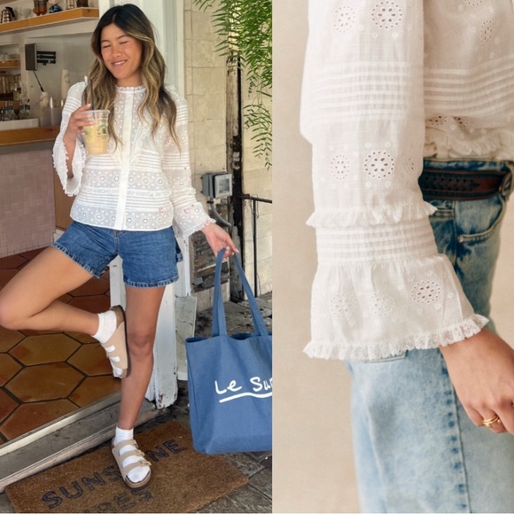 SEZANE White Floral Eyelet Embroidered Pleated Lace Ruffle Bell Sleeve Nele Top - Picture 10 of 17